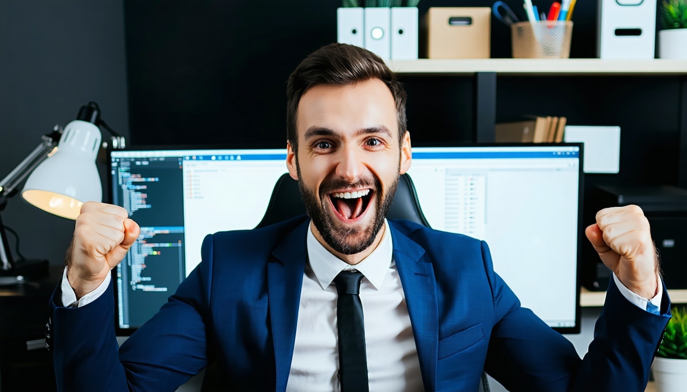 A businessman in front of a computer making a victory pose