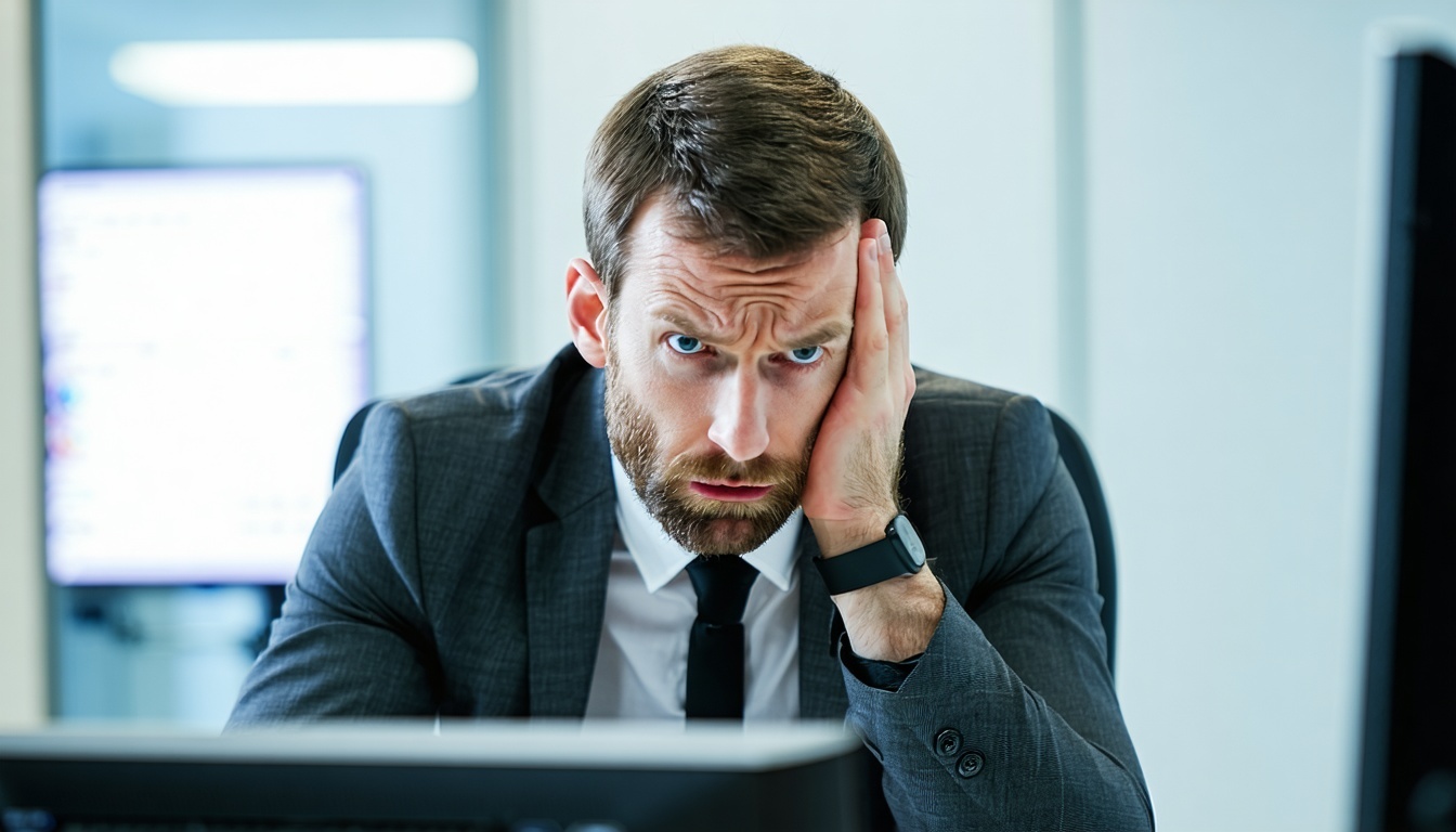 A businessman looking troubled in front of a computer-1