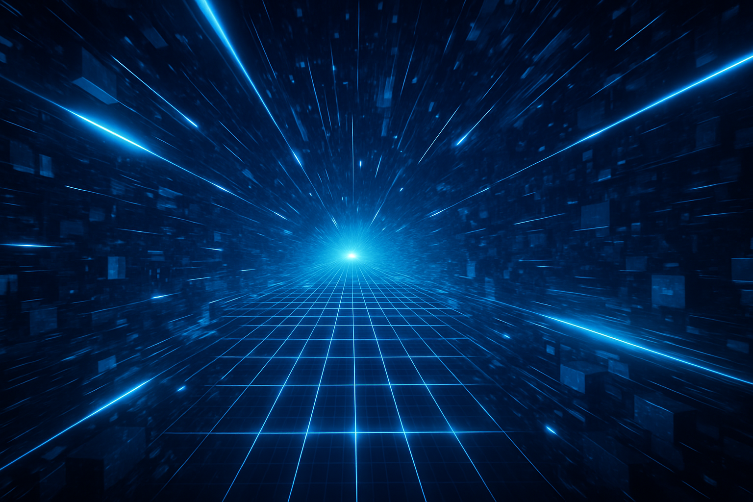 A vast digital landscape of cyberspace with a glowing blue light grid forming a perspective tunnel Streams of data and bright light rays shoot across the scene The background is composed of abstract geometric cubes and blocks conveying a sense of fut-2