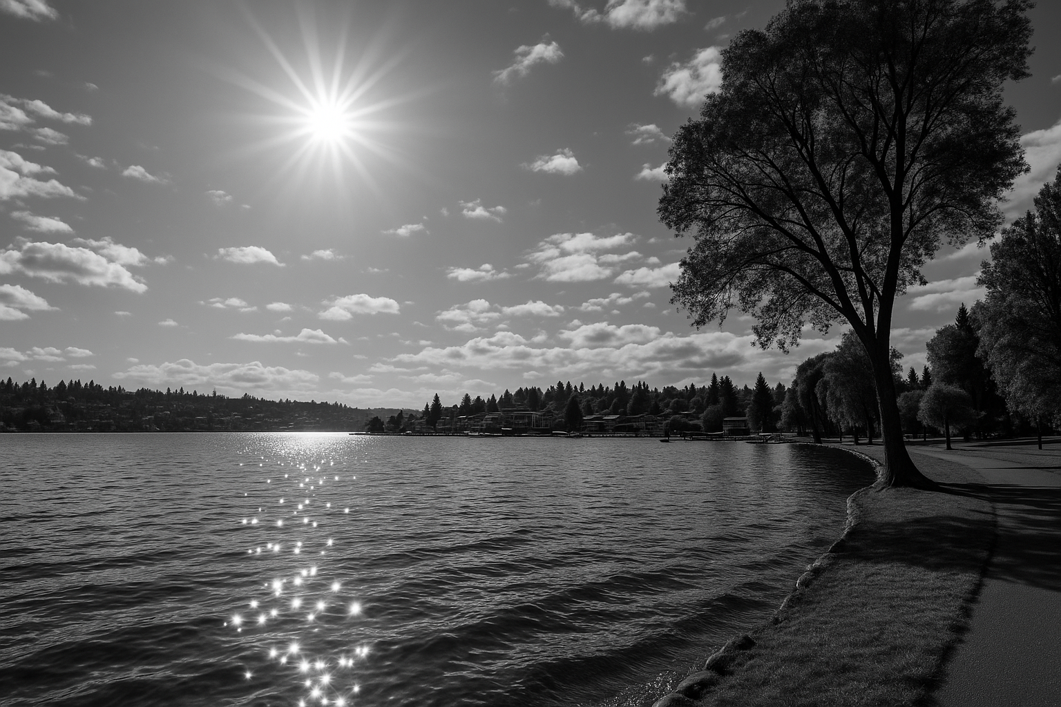Kirkland in Seattle black and white lake in sunny day