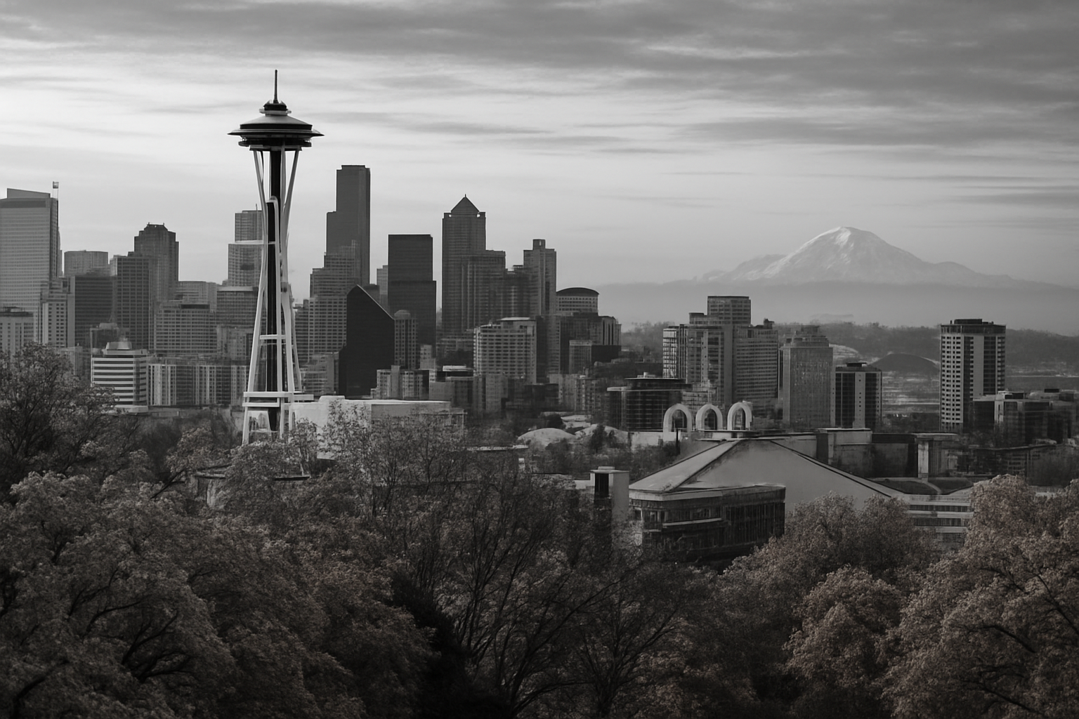 Seattle in the morning on Autumn in black and white color