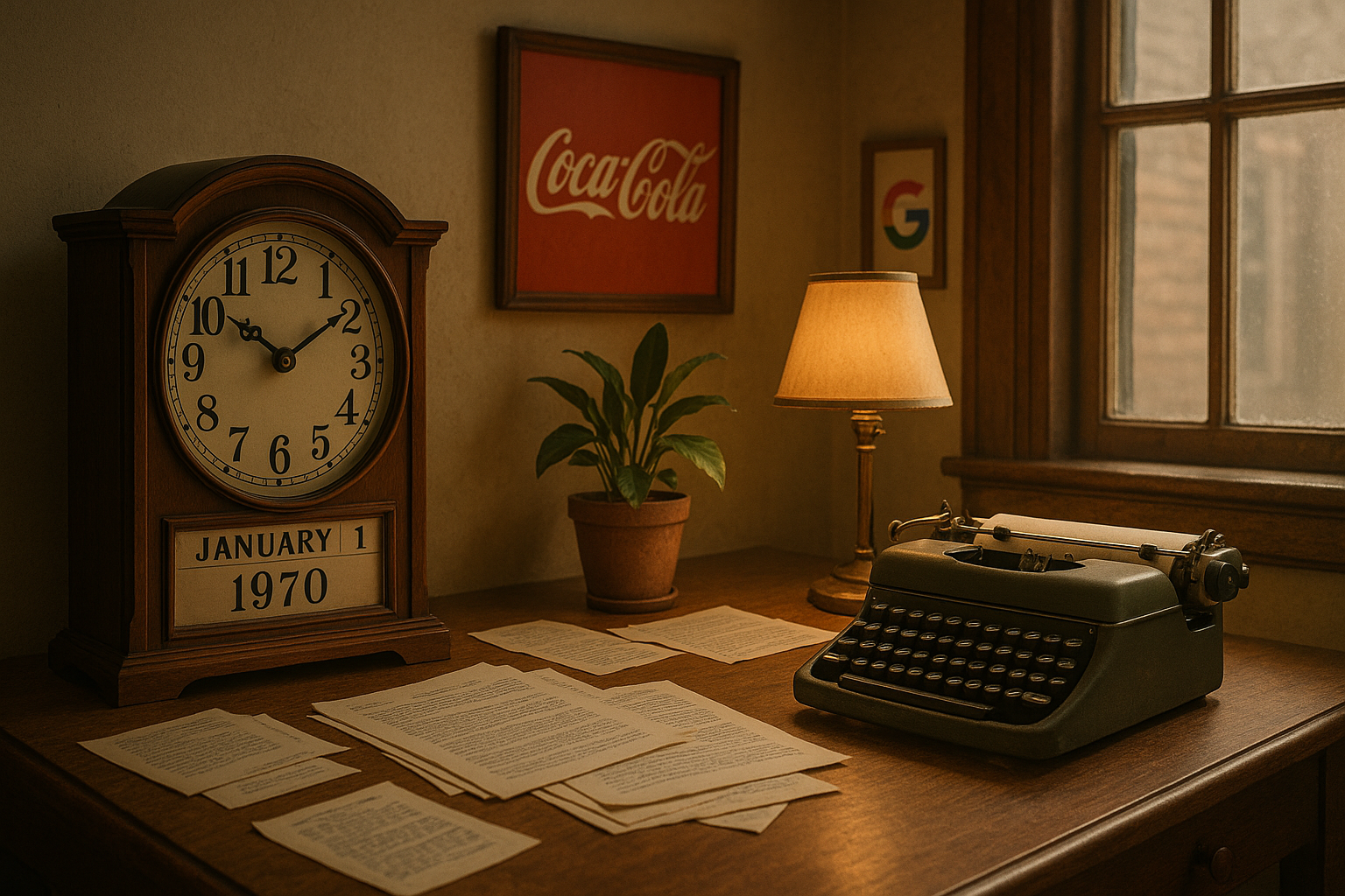 The image depicts a vintage scene from January 1 1970 with a retrostyled desk clock showing 900 AM The clock has a classic design with ornate numbers and hands surrounded by a wooden casing On the desk there are scattered papers and a typewriter hint-1