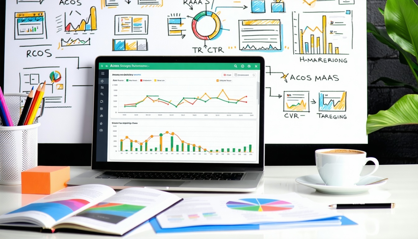 The image features a vibrant digital workspace filled with elements related to Amazon advertising strategies In the foreground a sleek laptop displays an analytics dashboard showcasing various metrics such as ACoS ROAS CTR and CVR with colorful graph-1