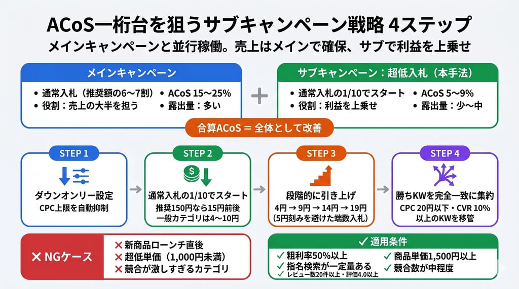 ACoS一桁台を狙うサブキャンペーン戦略 4ステップ