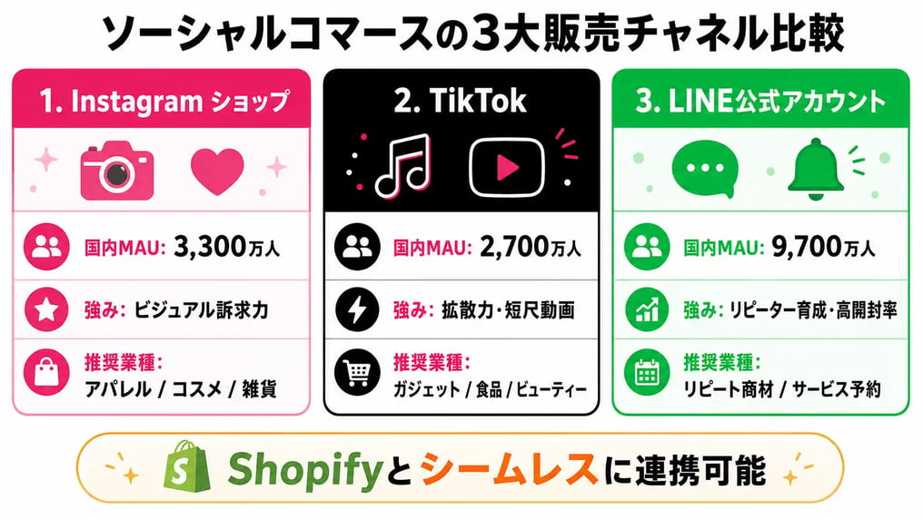 ソーシャルコマースの3大販売チャネル比較 Instagram TikTok LINE
