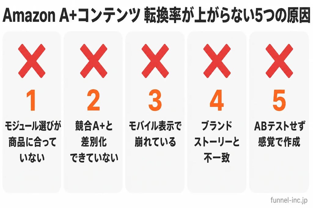 Amazon A+コンテンツで転換率が上がらない5つの原因｜モジュール選び・差別化・モバイル対応・ブランド一貫性・ABテスト