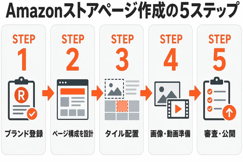 Amazonストアページ作成の5ステップ フロー図
