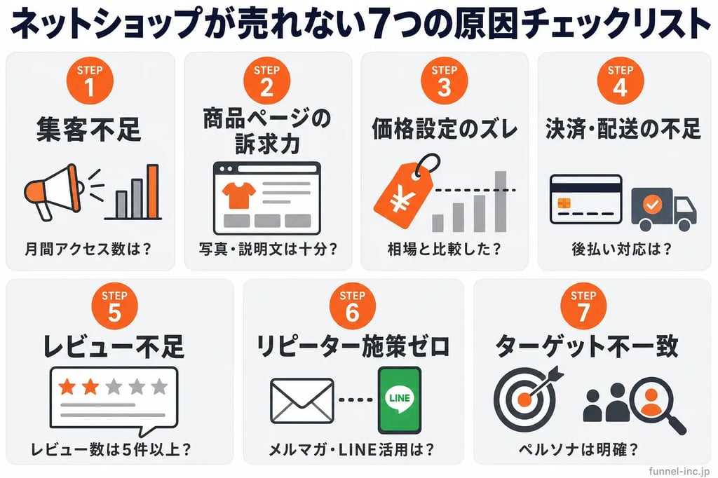 ネットショップが売れない7つの原因チェックリスト 集客・商品ページ・価格・決済・レビュー・リピーター・ターゲットの診断フロー