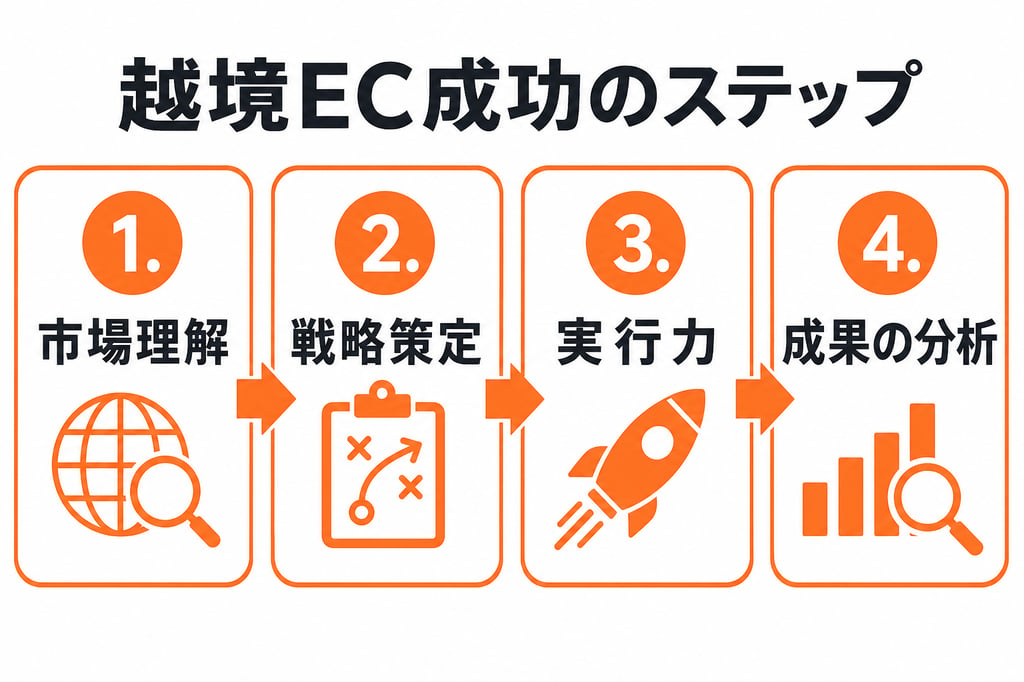 越境EC成功のためのステップを示すインフォグラフィック