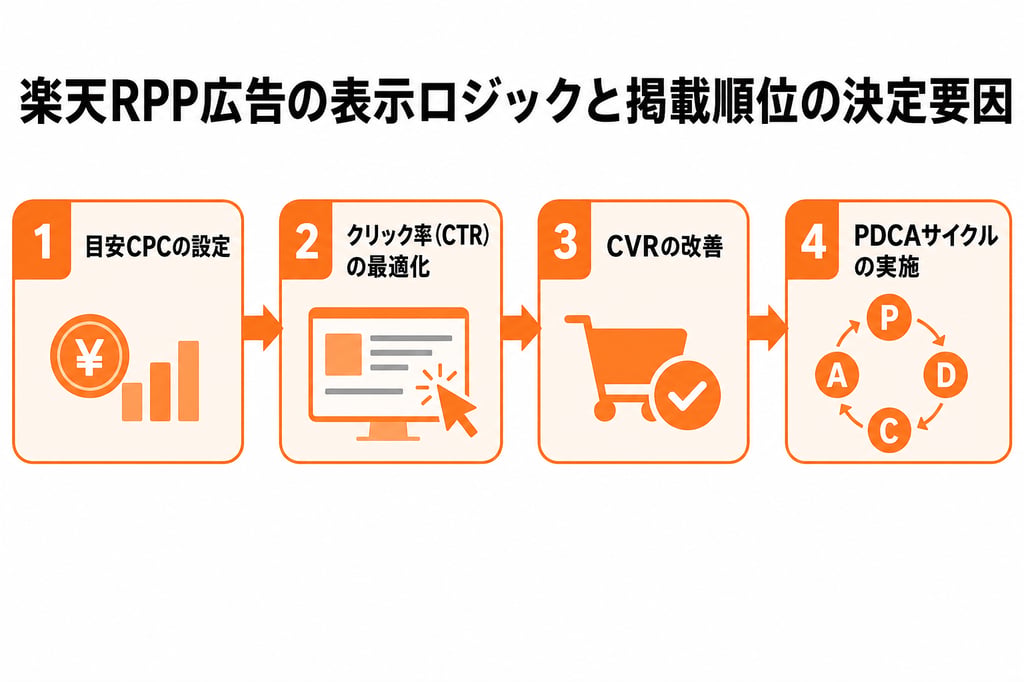 楽天RPP広告の表示ロジックと掲載順位の決定要因を示すフロー図