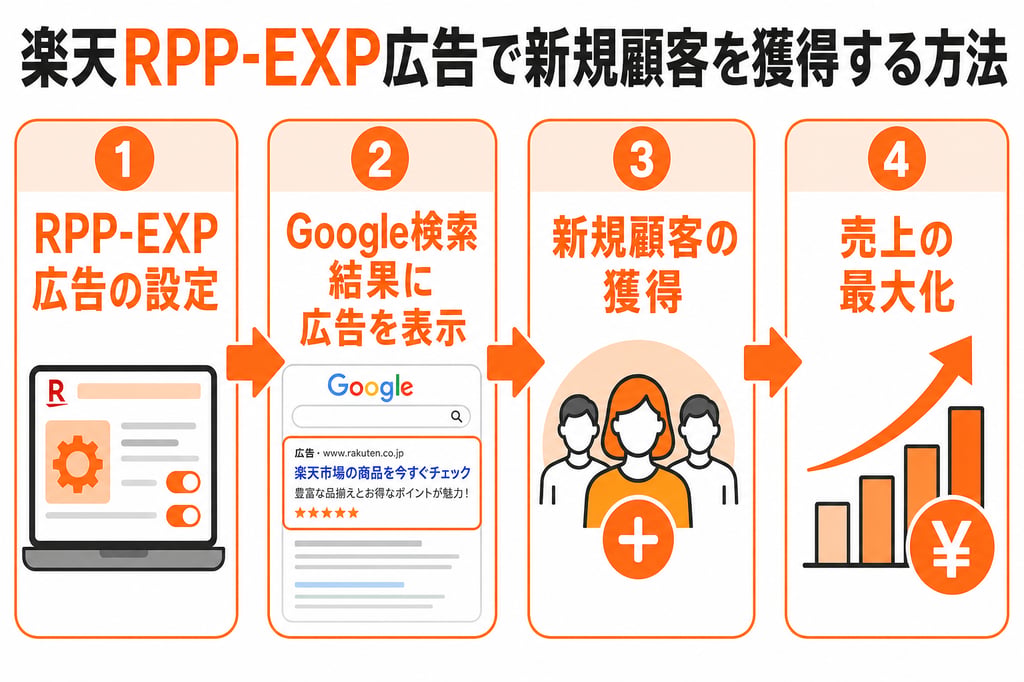 楽天RPP-EXP広告で新規顧客を獲得する方法のフロー図