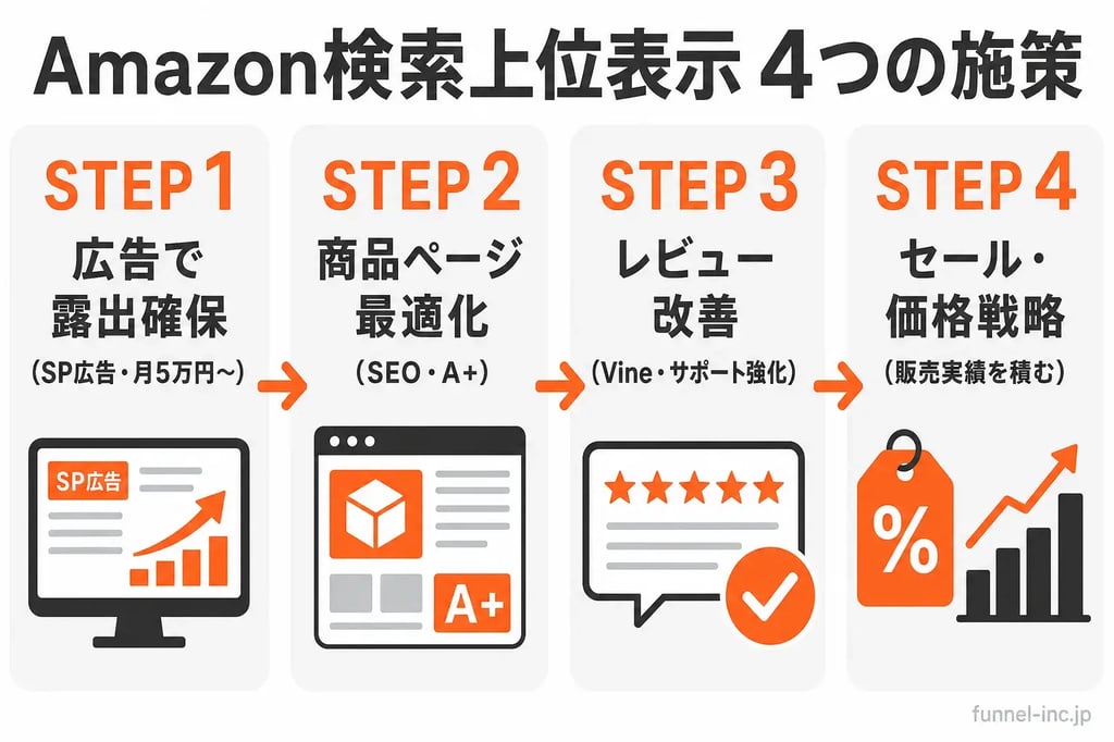 Amazon検索1ページ目に表示する4つの施策フロー図解