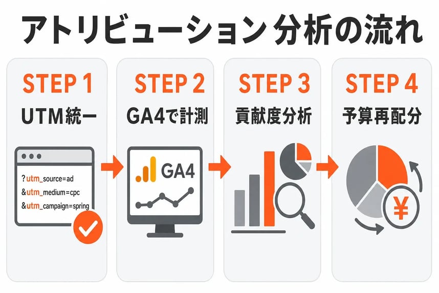 アトリビューション分析の流れ（UTM統一→GA4計測→貢献度分析→予算再配分）