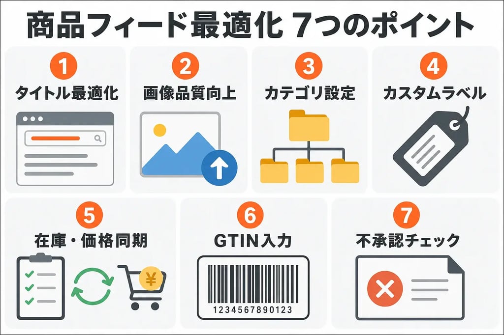 商品フィード最適化7つのポイント タイトル・画像・カテゴリ・カスタムラベル・在庫同期・GTIN・不承認チェック