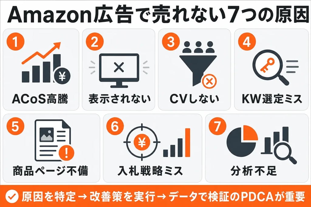 Amazon広告で売れない7つの原因の全体像を示すインフォグラフィック