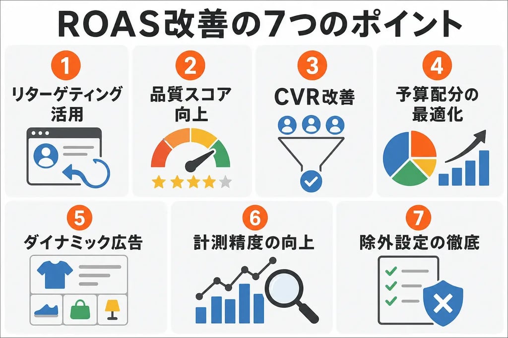 ROAS改善の7つのポイント 図解インフォグラフィック
