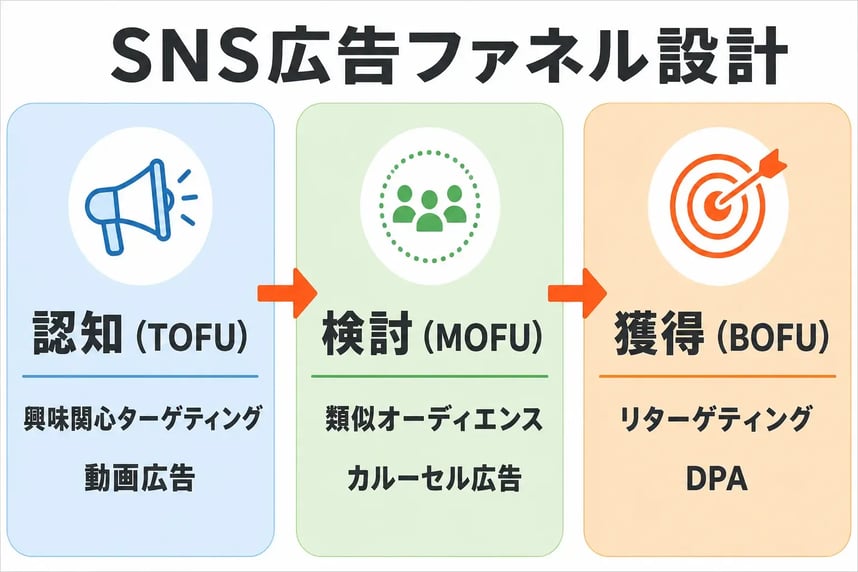 SNS広告ファネル設計（認知TOFU→検討MOFU→獲得BOFU）