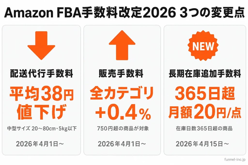 Amazon FBA手数料改定2026 3つの変更点 配送代行手数料値下げ・販売手数料値上げ・長期在庫追加手数料新設