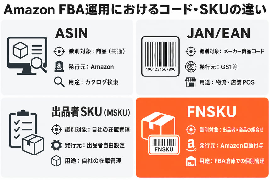 Amazon FBA運用におけるコード・SKUの違い（ASIN/JAN/MSKU/FNSKU比較）