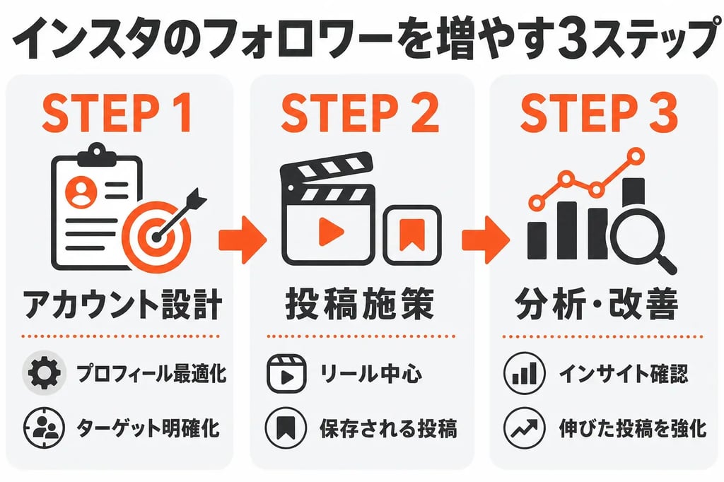 インスタのフォロワーを増やす3ステップ アカウント設計・投稿施策・分析改善の流れ