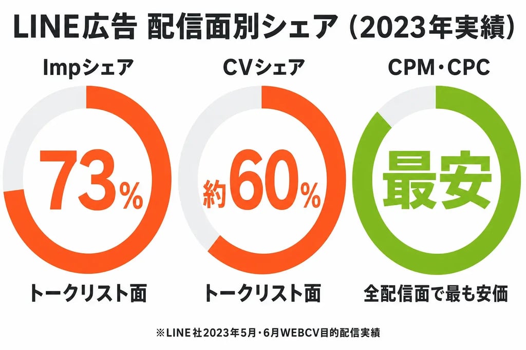 LINE広告 配信面別シェア（2023年実績）図解：Impシェア73%・CVシェア約60%・CPM/CPCは最安