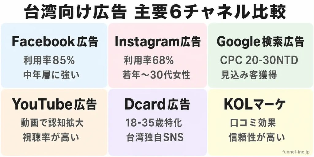 台湾向け広告 主要6チャネル比較（Facebook・Instagram・Google・YouTube・Dcard・KOL）