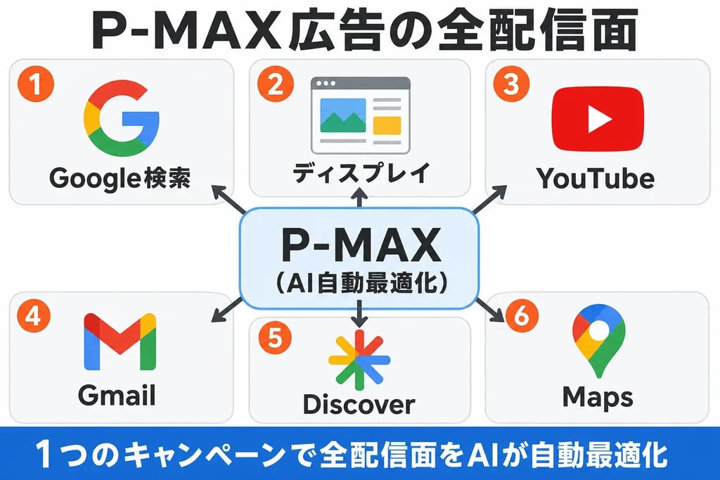P-MAX広告の全配信面（検索・YouTube・ディスプレイ・Gmail・Discover・Maps）