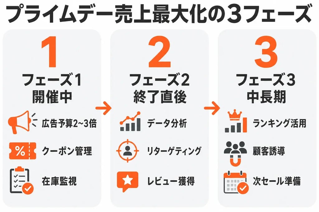プライムデー売上最大化の3フェーズ 開催中・終了直後・中長期の施策フロー図