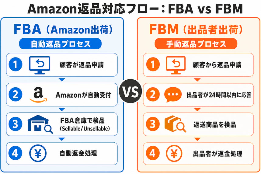 Amazon返品対応フロー：FBA vs FBM の処理比較