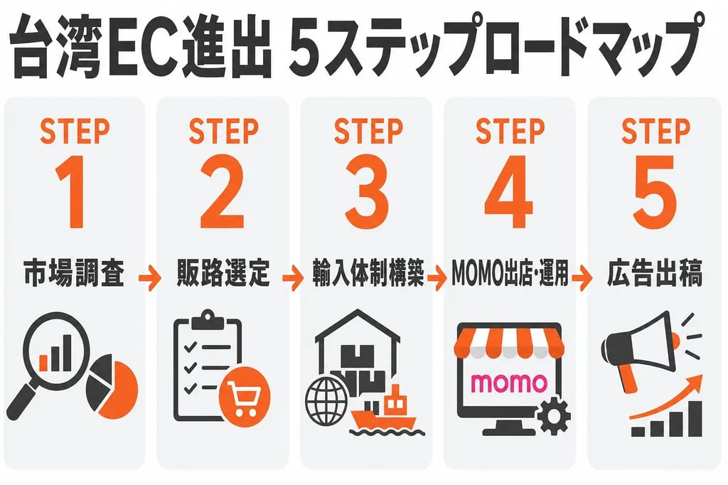 台湾EC進出 5ステップロードマップ MOMO購物網への出店フロー図解