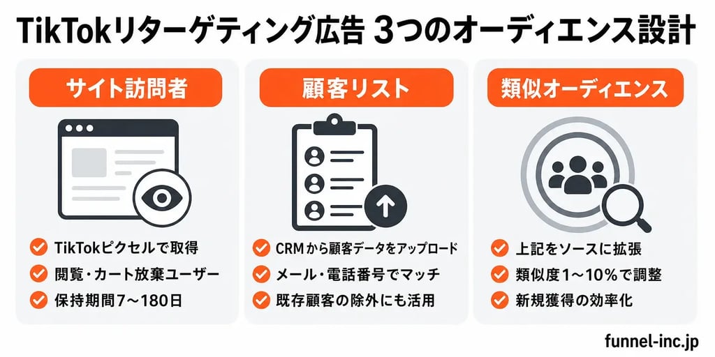 TikTokリターゲティング広告 3つのオーディエンス設計 サイト訪問者・顧客リスト・類似オーディエンス