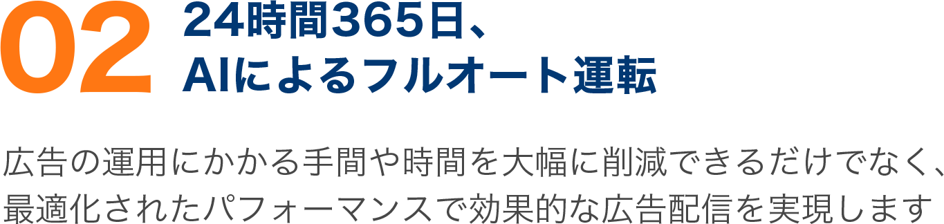 広告の運用にかかる手間や時間を大幅に削減できるだけでなく、 最適化されたパフォーマンスで効果的な広告配信を実現します 広告の運用にかかる手間や時間を大幅に削減できるだけでなく、 最適化されたパフォーマンスで効果的な広告配信を実現します