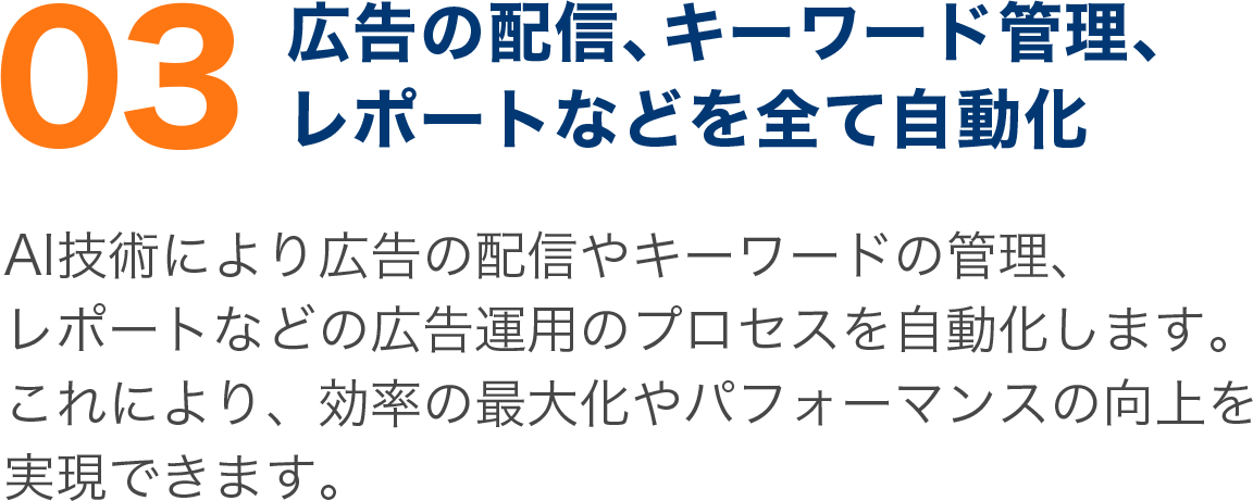 AI技術により広告の配備やキーワードの管理、 レポートなどの広告運用のプロセスを自動化します。 これにより、効率の最大化やパフォーマンスの向上を 実現できます。 AI技術により広告の配備やキーワードの管理、 レポートなどの広告運用のプロセスを自動化します。 これにより、効率の最大化やパフォーマンスの向上を 実現できます。