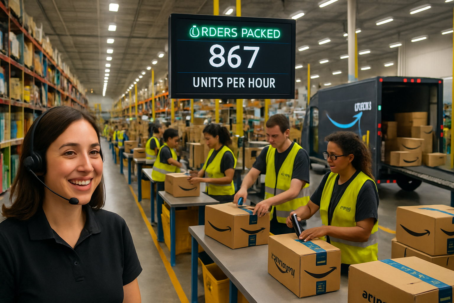 A vibrant and bustling Amazon fulfillment center, showcasing rows of organized shelves filled with various products. Workers in uniform are seen effic