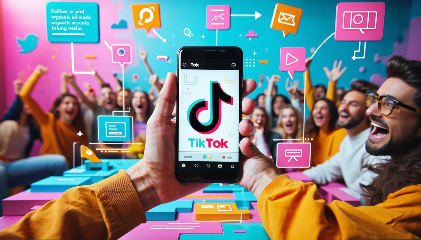 A vibrant and engaging digital landscape showcasing the TikTok platform. The scene features a smartphone displaying the TikTok app interface, highligh