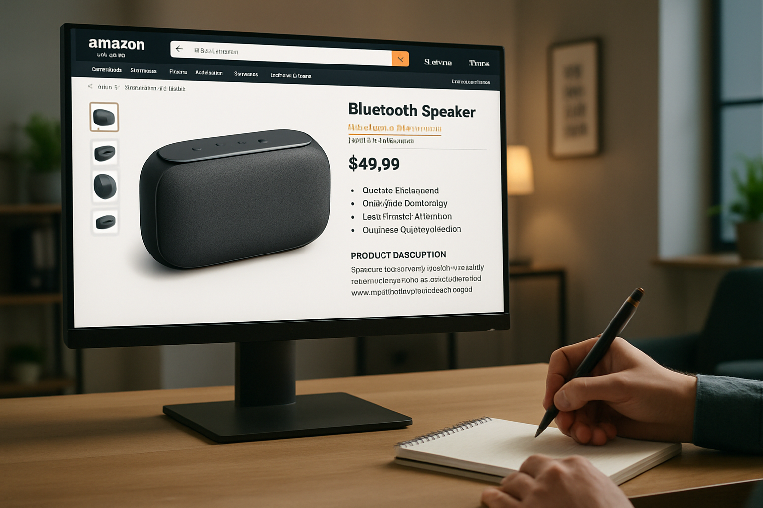 An engaging and well-structured Amazon product page displayed on a computer screen, featuring a clear product title, high-quality images of a sleek Bl