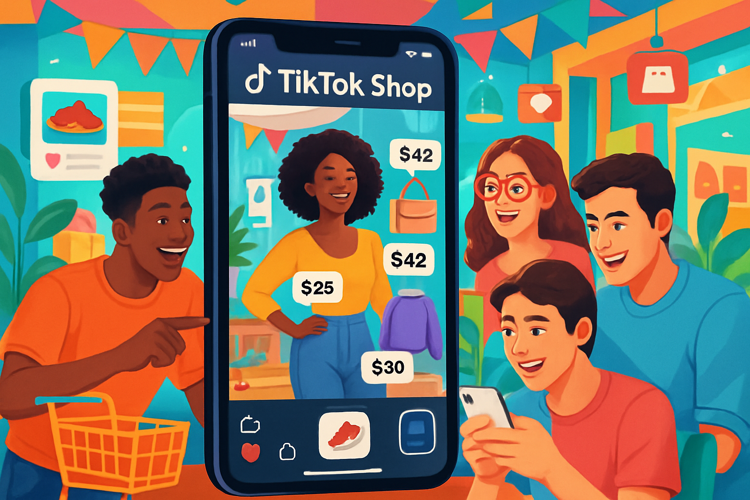 An engaging digital scene depicting a vibrant TikTok Shop interface on a smartphone screen. The screen showcases product tags on captivating video cli