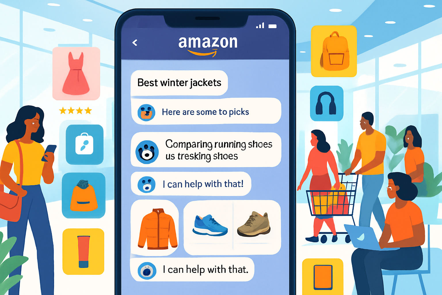An illustration of a futuristic Amazon shopping experience featuring a sleek mobile app interface displaying the Rufus AI shopping assistant. The scre